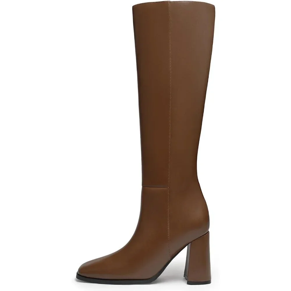 🆕Women's Faux Leather Tan Square Toe Side Zipper Chunky Heel Knee High Boots